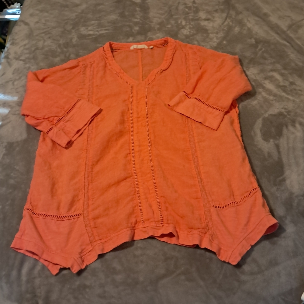 Soft Surroundings Coral V‑Neck Linen Blend Top